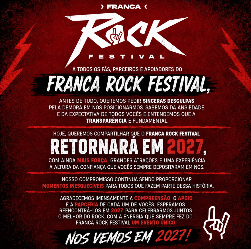 Franca Rock Festival não terá edição em 2026 e anuncia retorno para 2027
