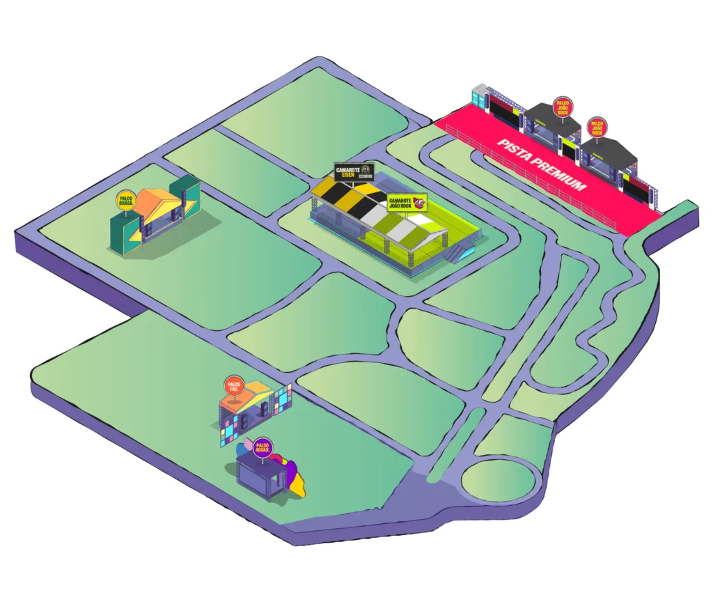 Mapa do João Rock 2026 com cinco palcos, setores, entradas, alimentação e banheiros.