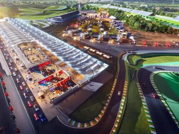 Vista aérea do Autódromo de Interlagos com áreas de exposição e estrutura do Festival Interlagos.