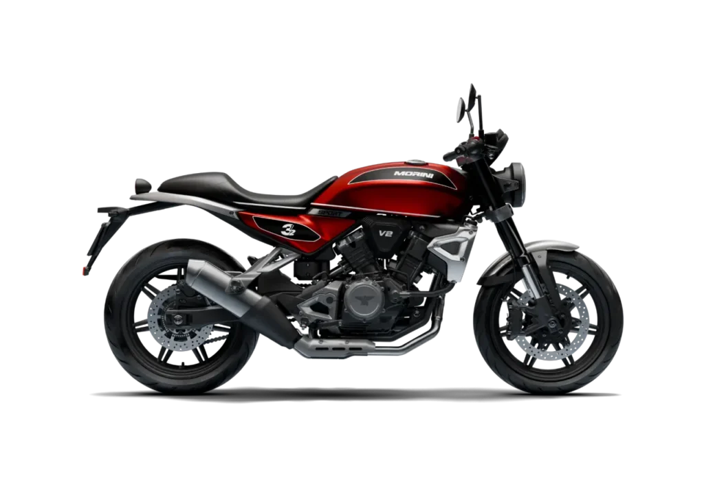Moto Morini 3½ Sport vermelha em vista lateral.