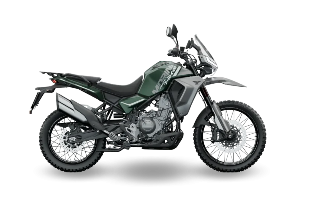 Moto Morini Alltrhike 450 Jungle Green em vista lateral.