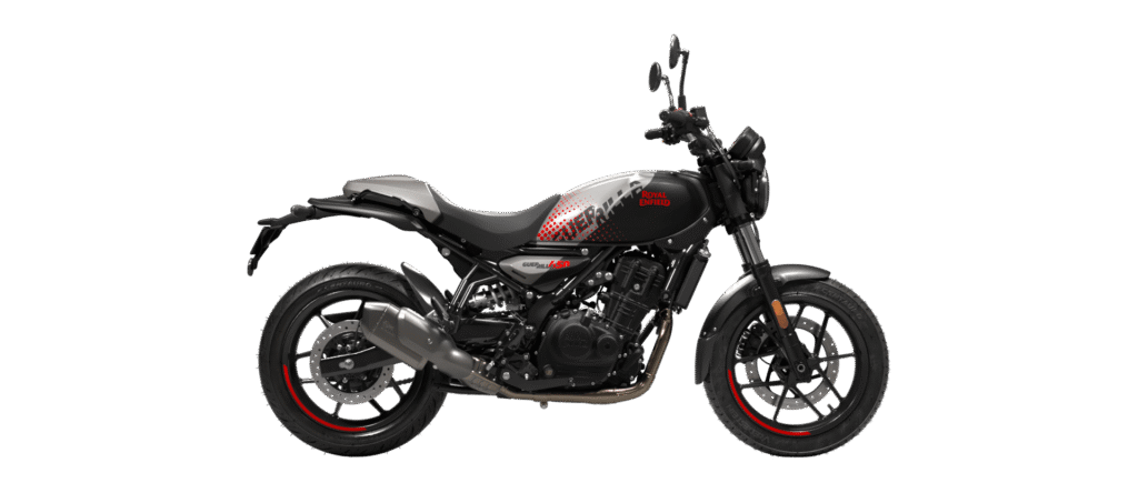Royal Enfield Guerrilla 450 Apex preta e cinza em vista lateral.